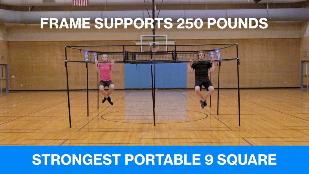 A guy and a girl hanging on a 9 square pro set showing it can hold up to 250 pounds