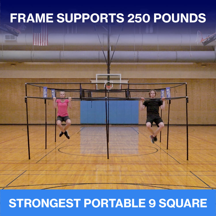 Two people hanging on a 9 Square Castle Squares Pro set