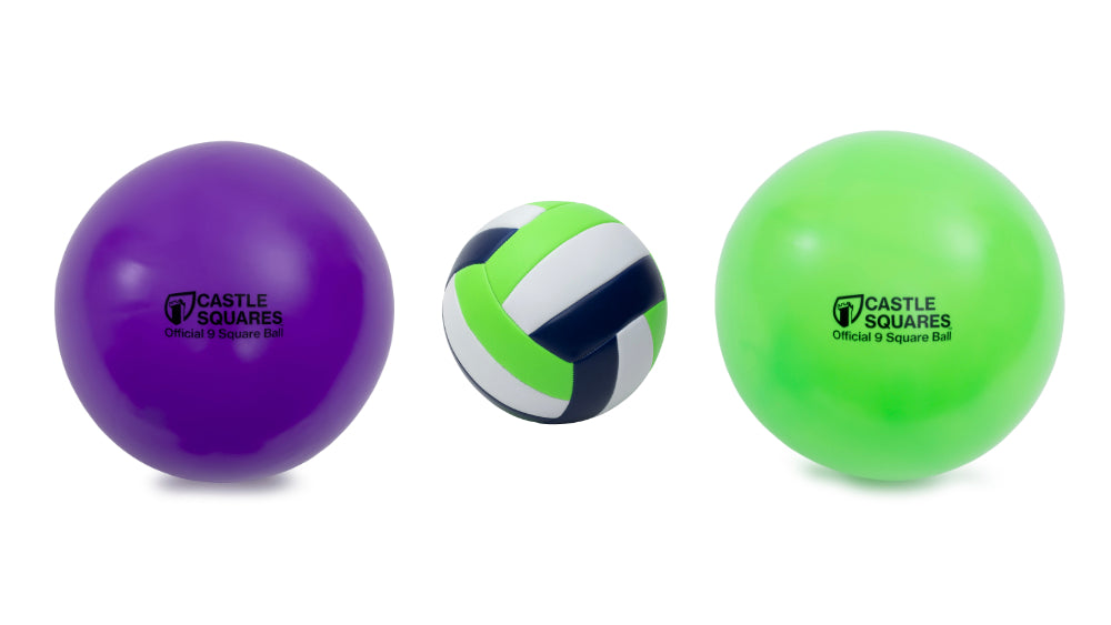 One purple and one green official 9 square ball and a volleyball.